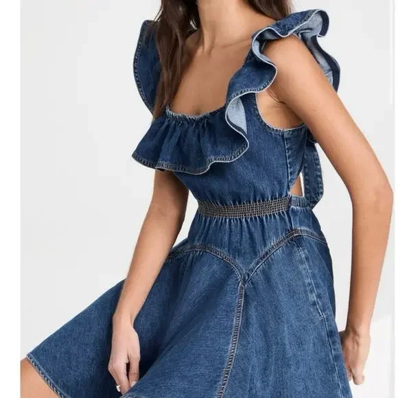 slim fit dress slacks Indigo Denim Flared Mini Dress  self-portrait